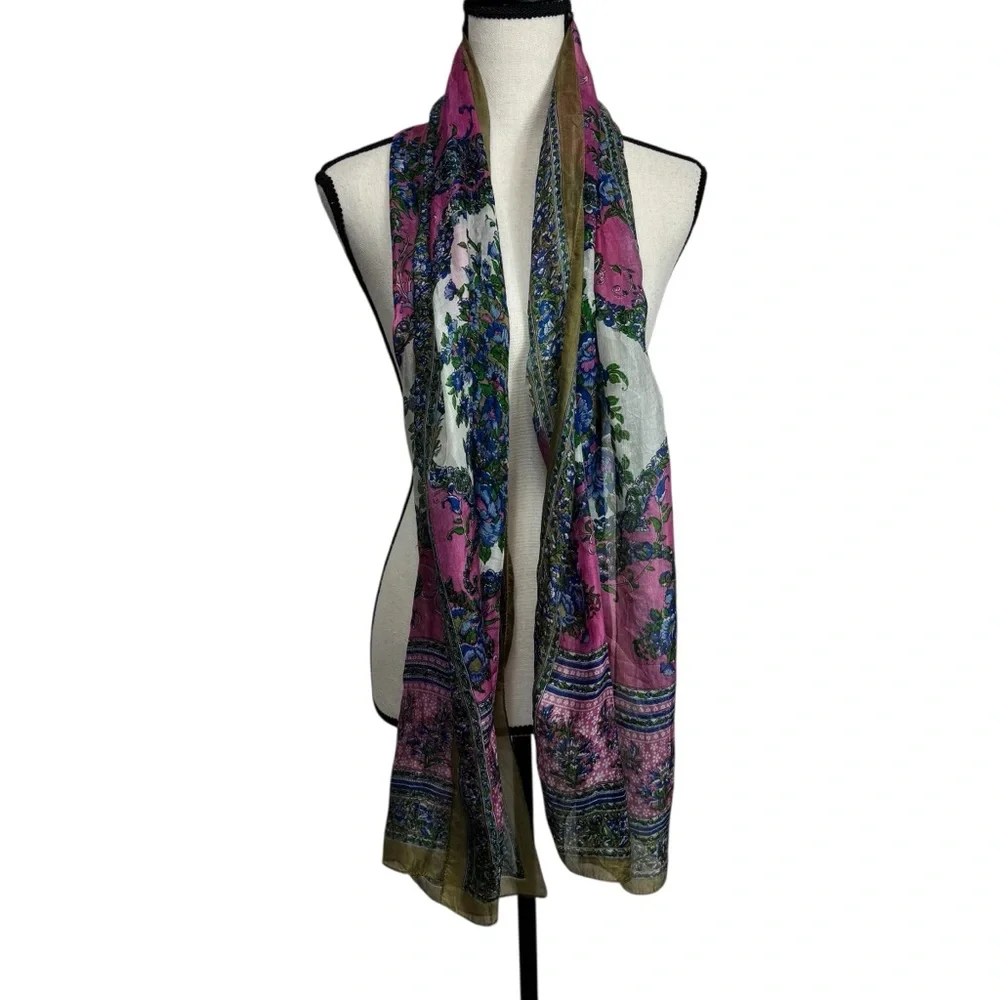 Silk Floral‎ Pink and Green Printed Scarf